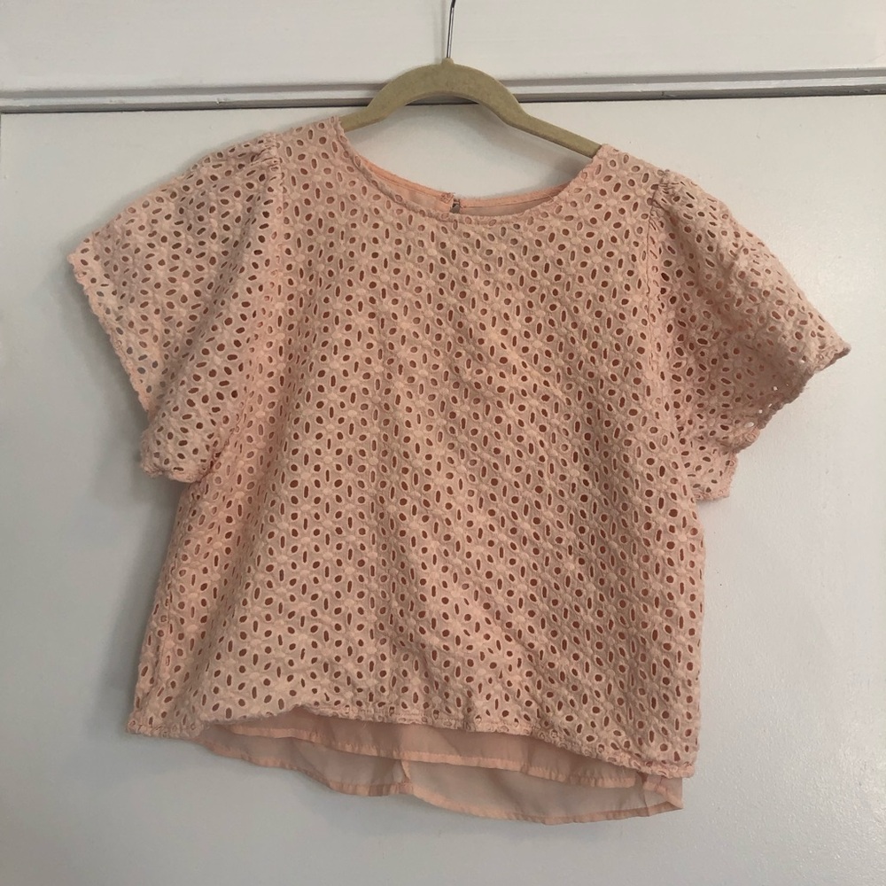 She + Sky flutter sleeve eyelet lace crop top pale light pink women’s large